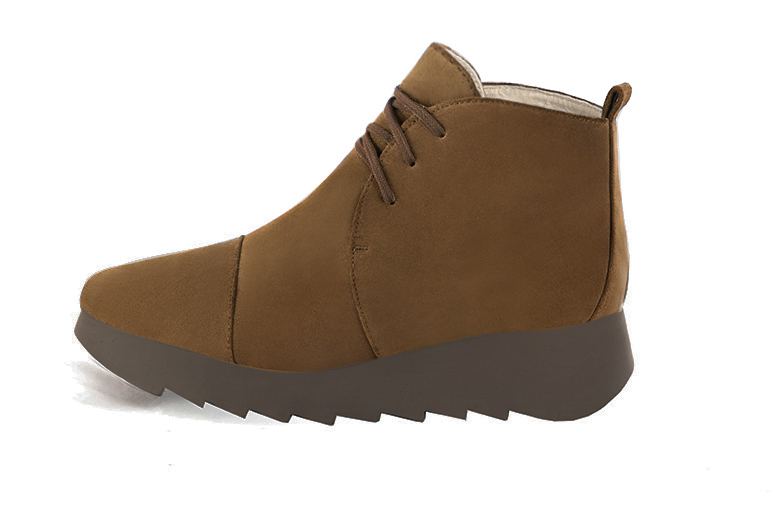 Caramel brown women's ankle boots with laces at the front. Square toe. Low rubber soles. Profile view - Florence KOOIJMAN